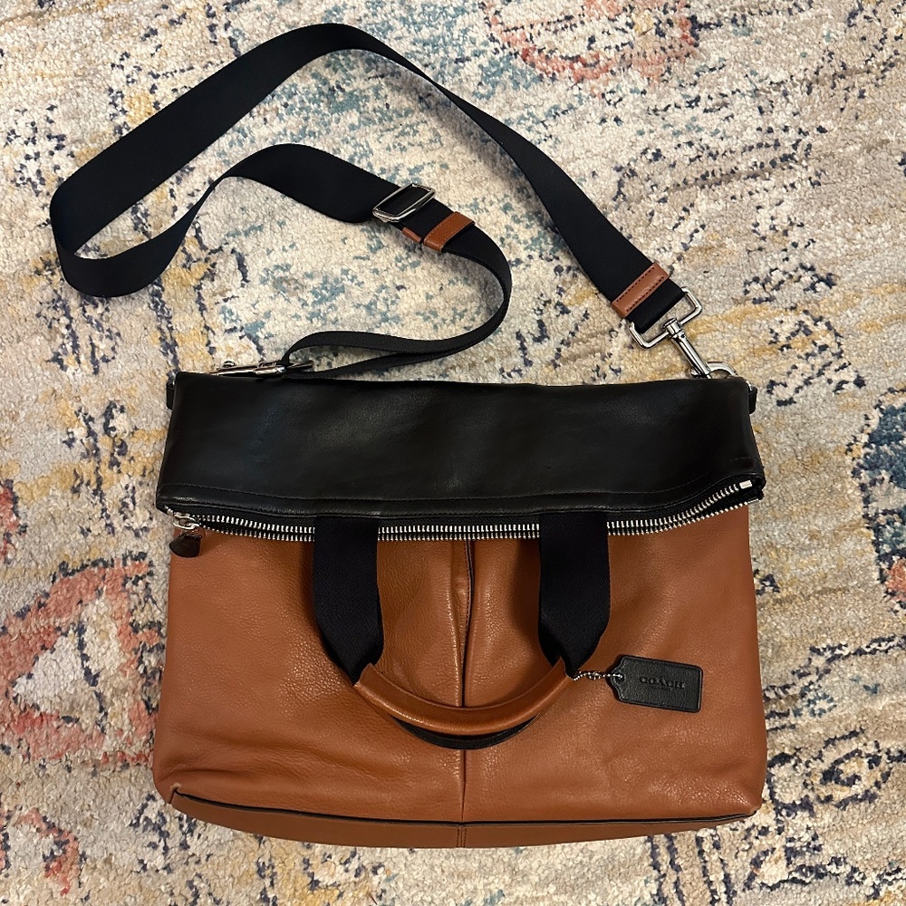 Unisex Coach Charles Tote in black/saddle brown leather w/silver nickel accents